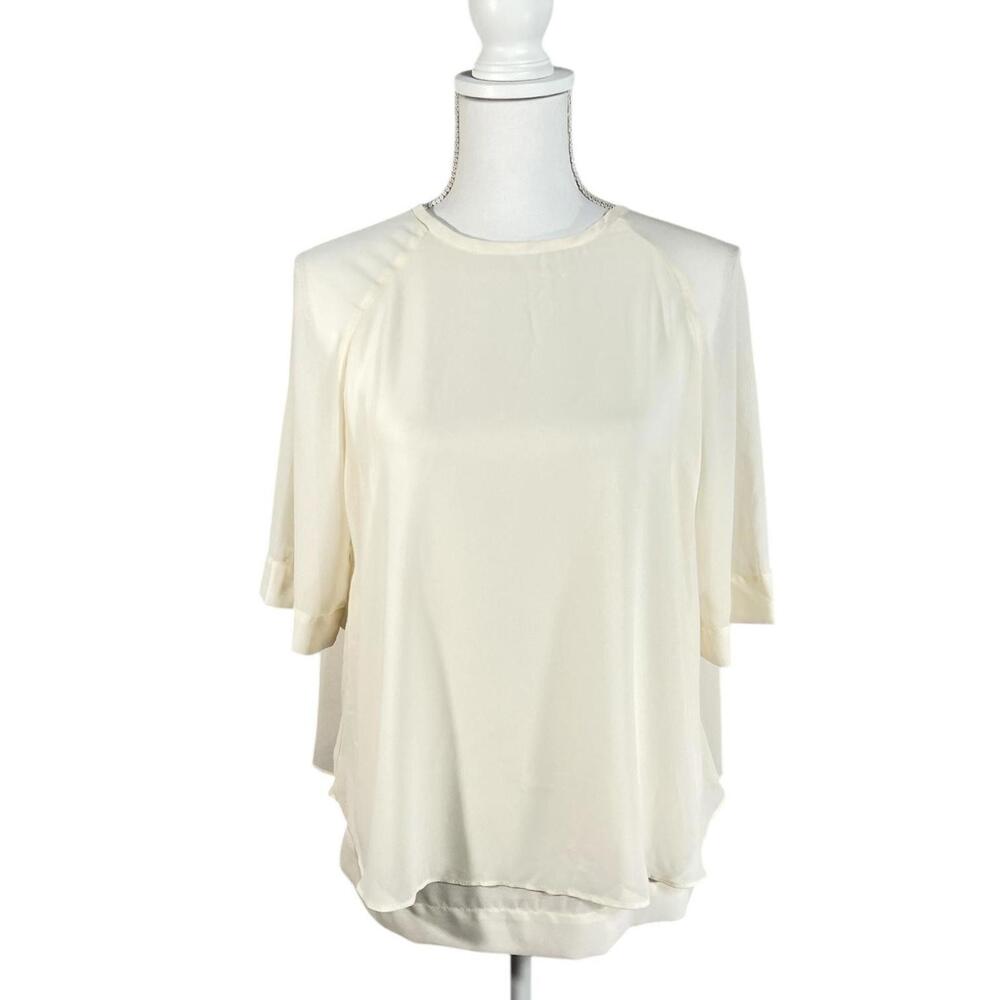 Dress Forum Blouse Womens Small White Sheer Raglan 3/4 Sleeve Pleated Back Top
